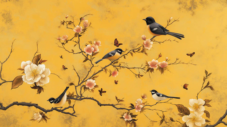 Chinoiserie Wallpaper Mural – Chinese Style Wall Mural – Chinoiserie Bird and Blossom — Ochre Yellow printable artwork