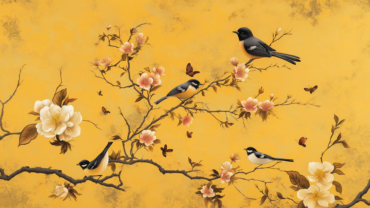 Chinoiserie Bird and Blossom Mural Wallpaper — Ochre Yellow Mural Wallpaper - room preview 02