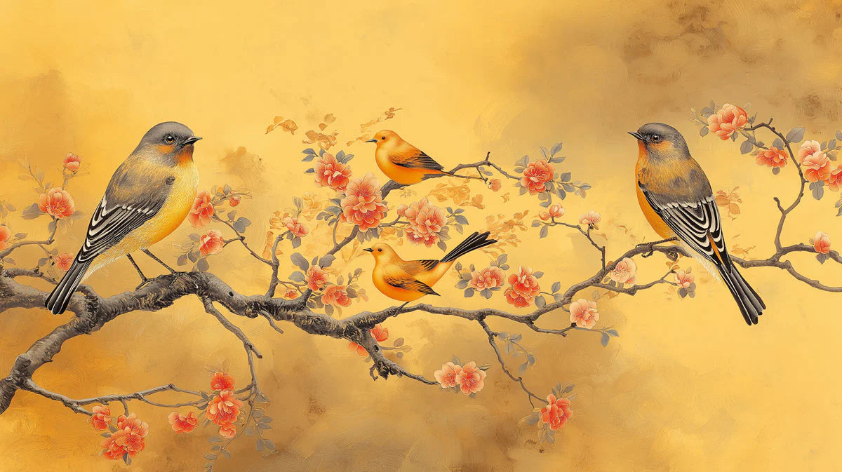 Sunlit Songbirds Mural Wallpaper — Traditional Floral Art Mural Wallpaper - room preview 02