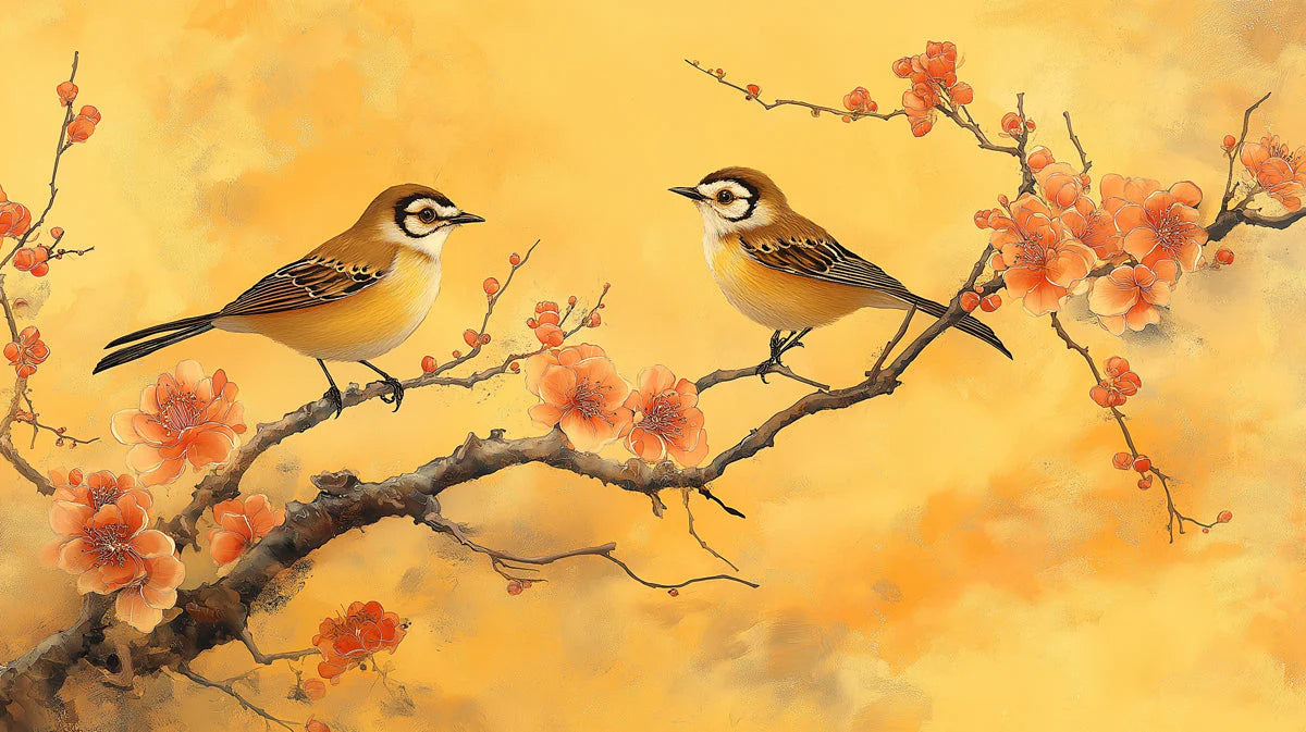 Chinoiserie Songbird Mural Wallpaper — Ochre Floral Art Mural Wallpaper - room preview 02