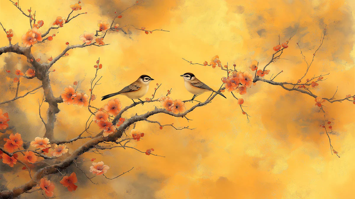 Sun-Drenched Blossom and Bird Mural Wallpaper — Traditional Art Mural Wallpaper - room preview 02