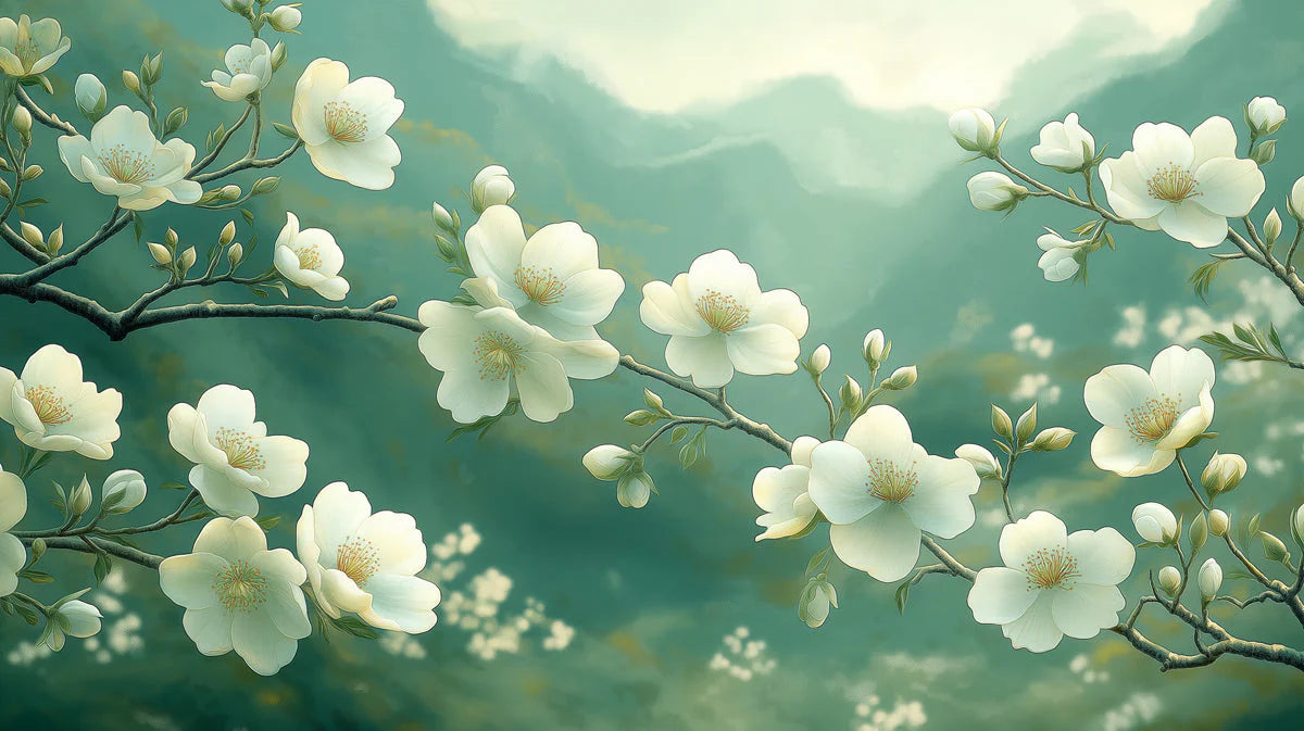 Mountain Blossom Mural Wallpaper — Soft Sage Botanical Mural Mural Wallpaper - room preview 02
