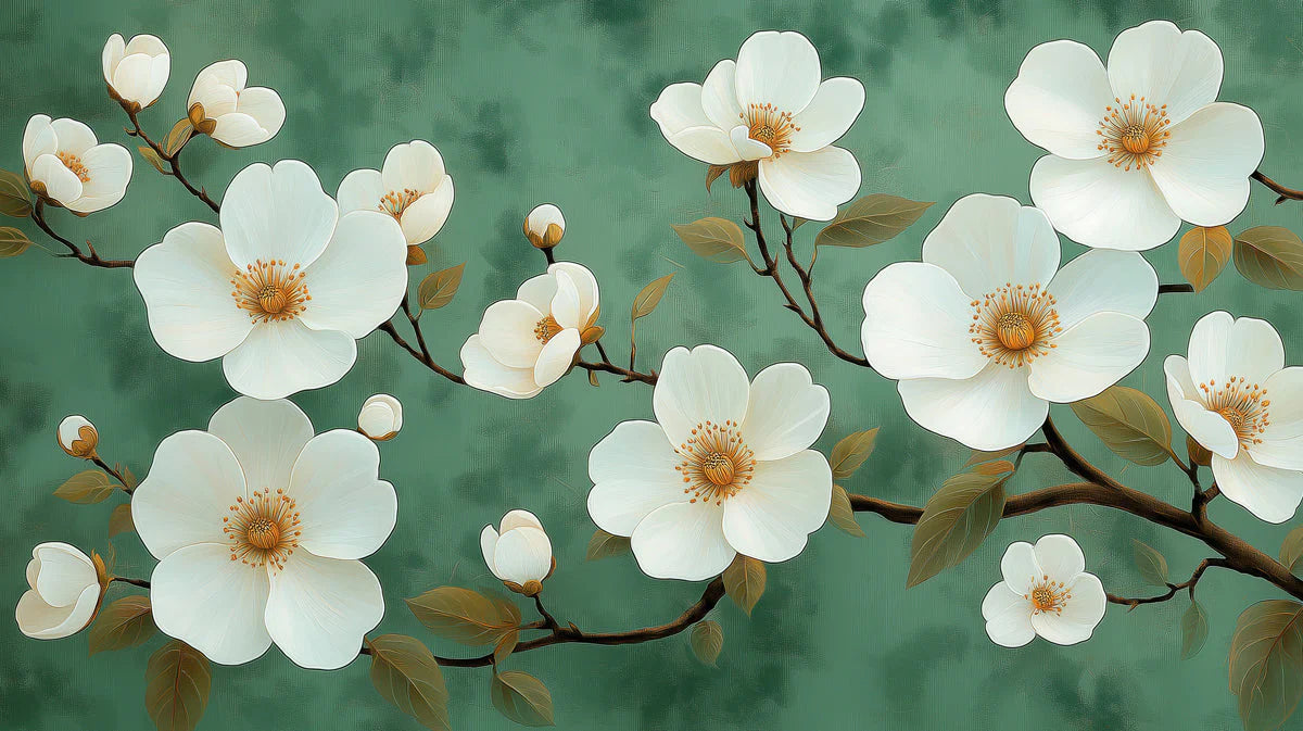 White Dogwood Blossom Mural Wallpaper — Botanical Art Mural Wallpaper - room preview 02