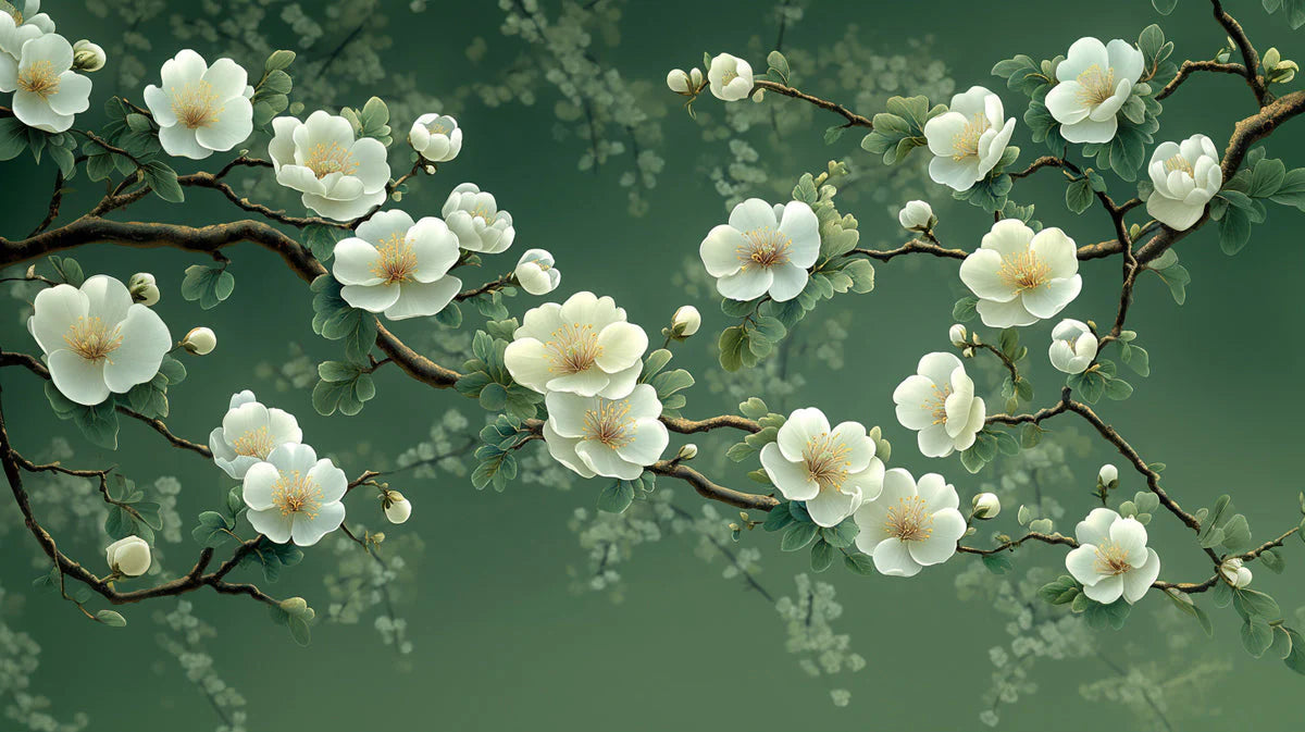 White Blossom Branch Mural Wallpaper — Botanical Nature Design Mural Wallpaper - room preview 02