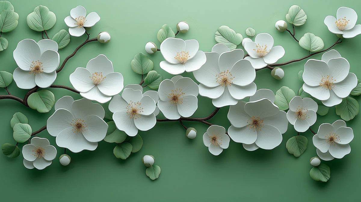 White Dogwood Bloom Mural Wallpaper — Soft Sage Nature Design Mural Wallpaper - room preview 02