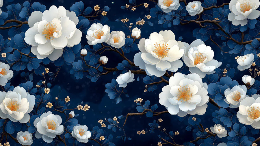 Floral Wallpaper Mural – Flower Wallpaper – Midnight Bloom — Floral Botanical Design printable artwork