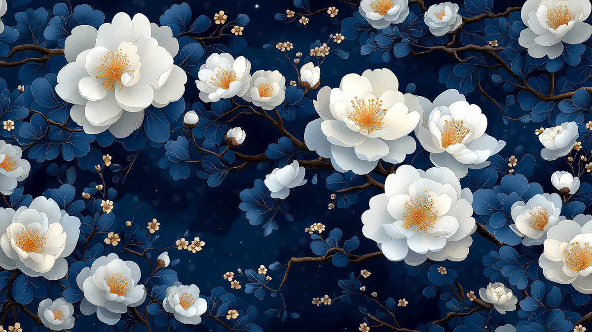 Midnight Bloom Mural Wallpaper — Floral Botanical Design Mural Wallpaper - room preview 02