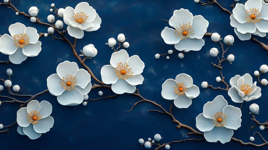 Floral Wallpaper Mural – Flower Wallpaper – Midnight Bloom — Elegant White Floral Branch Design printable artwork