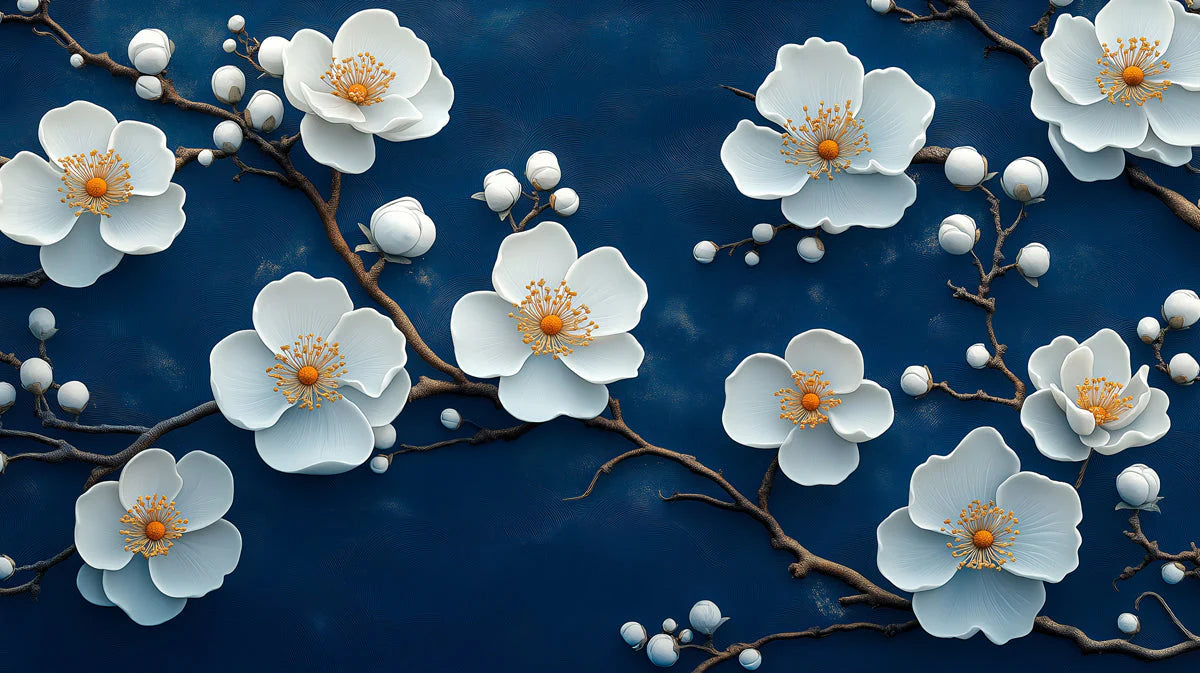 Midnight Bloom Mural Wallpaper — Elegant White Floral Branch Design Mural Wallpaper - room preview 02