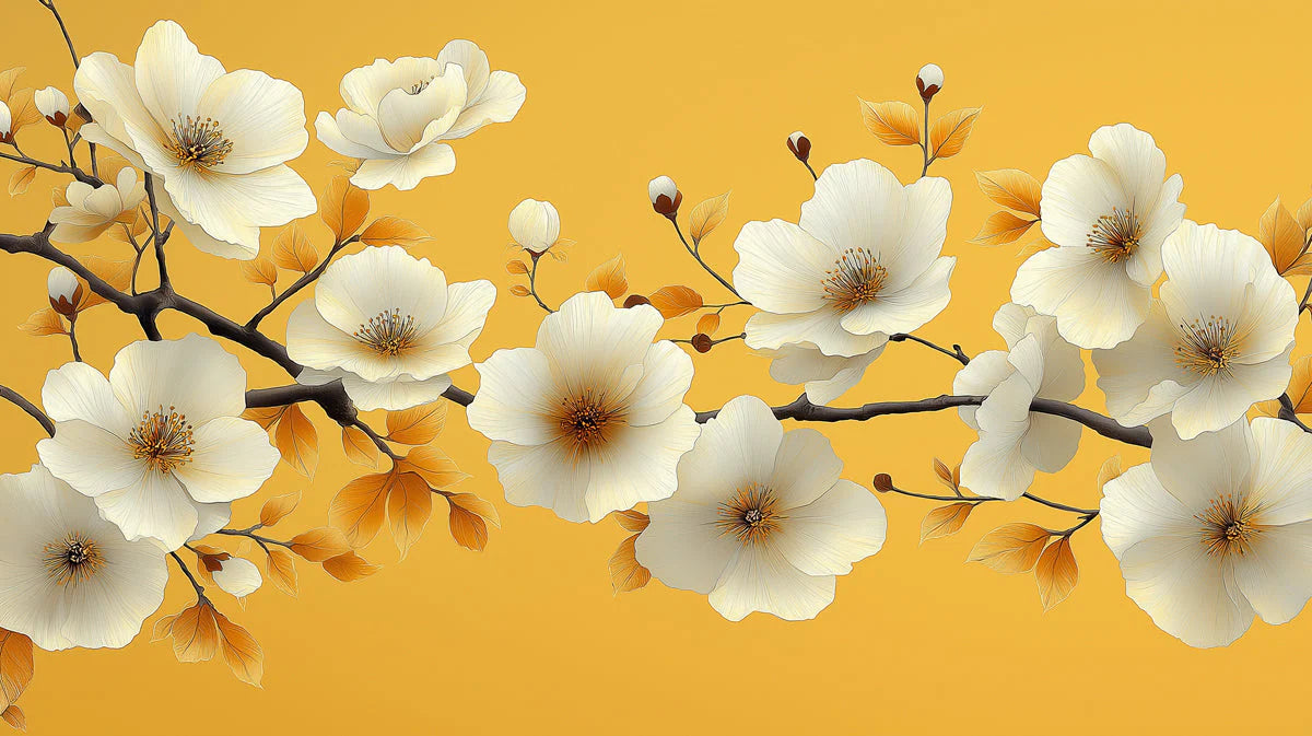 Golden Hour Floral Branch Mural Wallpaper — Botanical Art Mural Wallpaper - room preview 02