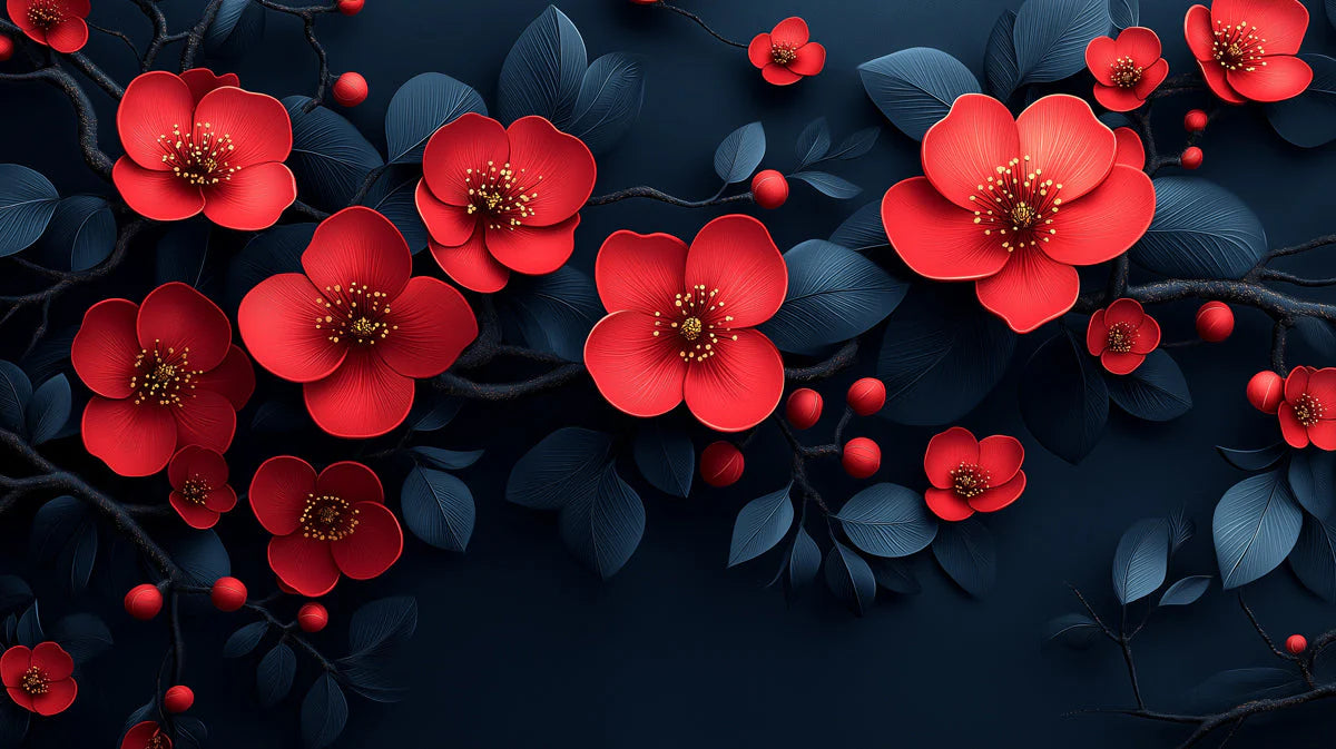 Crimson Blossom Mural Wallpaper — Moody Floral Wall Art Mural Wallpaper - room preview 02