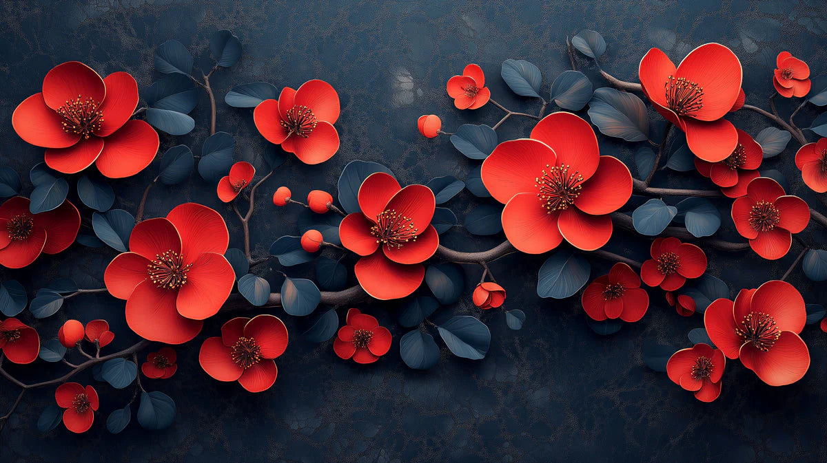 Scarlet Floral Mural Wallpaper — Modern Botanical Statement Mural Wallpaper - room preview 02