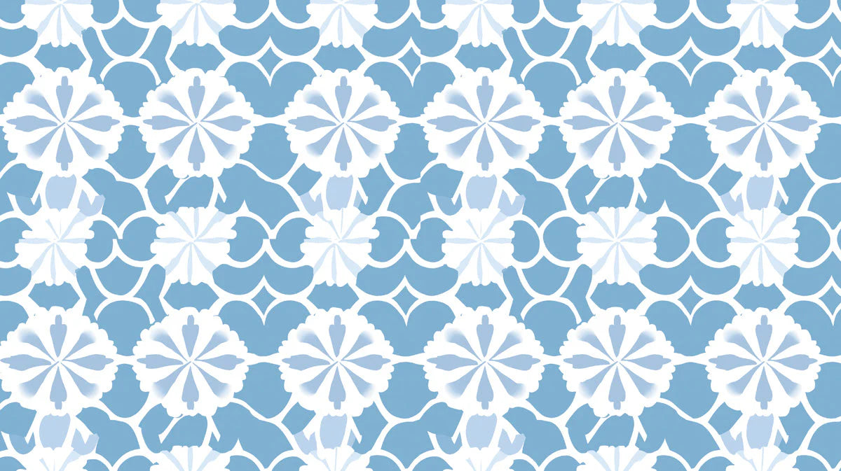 Blue and White Floral Damask Mural Wallpaper — Classic Pattern Mural Wallpaper - room preview 02