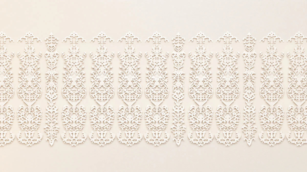 Ornate Lace Vertical Mural Wallpaper — Cream and White Pattern Mural Wallpaper - room preview 02