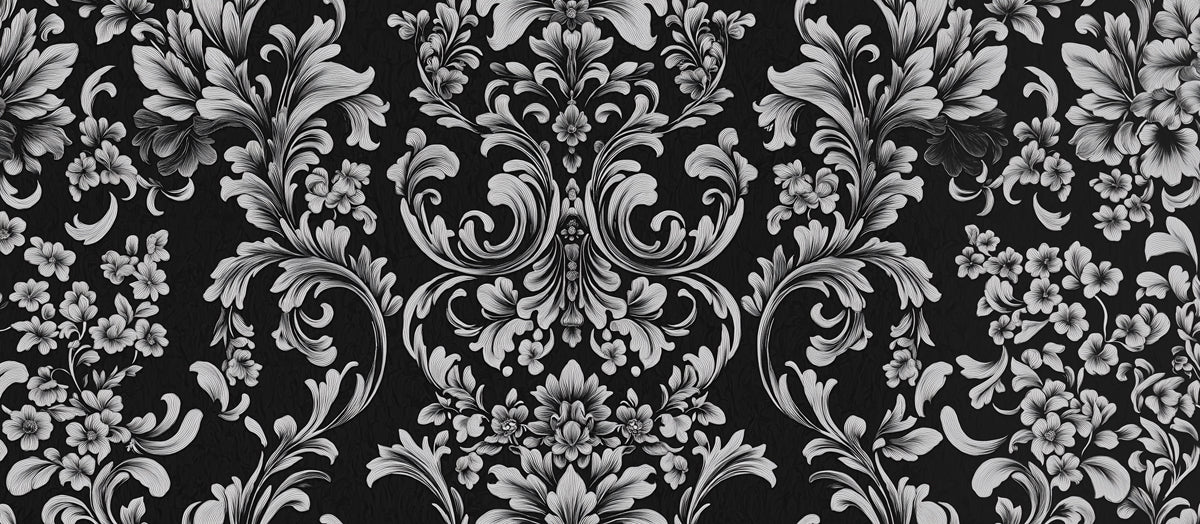 Ornate Baroque Floral Mural Wallpaper — Monochrome Statement Mural Wallpaper - room preview 02