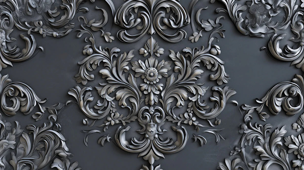 Ornate Baroque Damask Mural Wallpaper — Charcoal Relief Pattern Mural Wallpaper - room preview 02