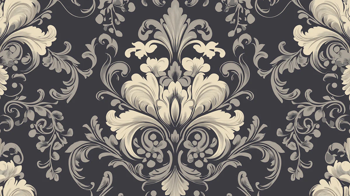 Ornate Damask Mural Wallpaper — Classic Charcoal and Cream Mural Wallpaper - room preview 02