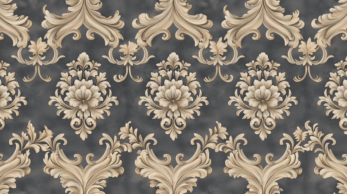 Damask Baroque Mural Wallpaper — Charcoal and Beige Ornate Design Mural Wallpaper - room preview 02