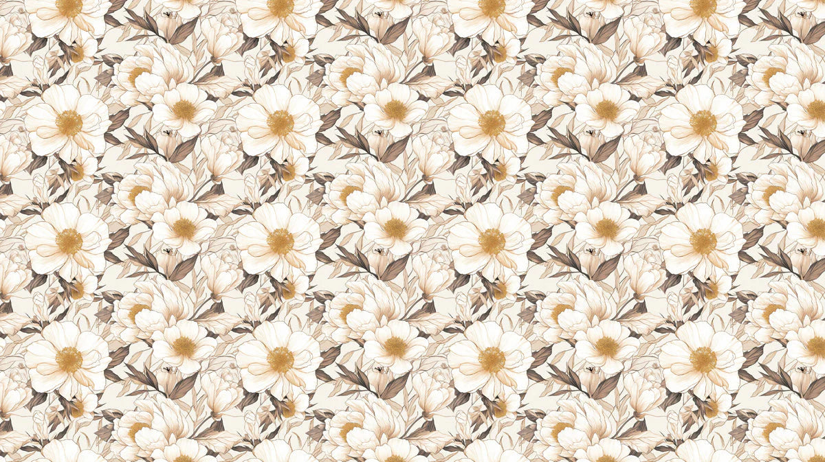 Vintage Floral Line Art Mural Wallpaper — Soft Ochre and Cream Mural Wallpaper - room preview 02