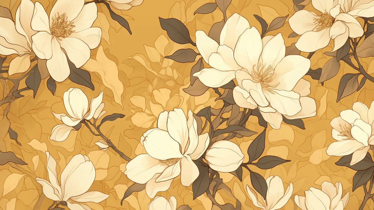 Ochre Floral Mural Wallpaper — Hand-Drawn Botanical Illustration Mural Wallpaper - room preview 02