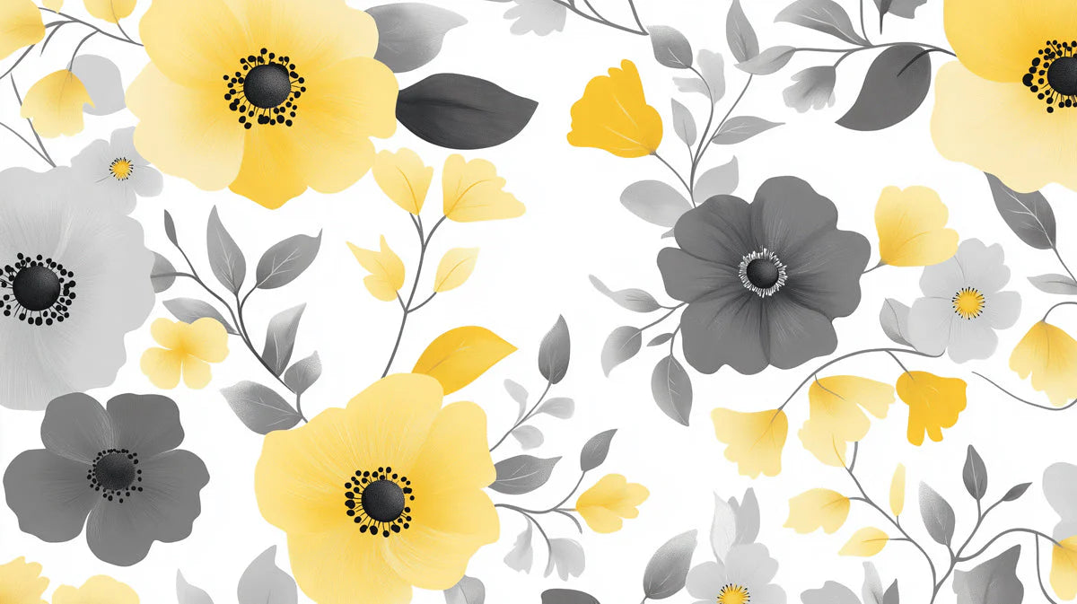 Sunlit Floral Mural Wallpaper in Yellow and Slate Gray Mural Wallpaper - room preview 02