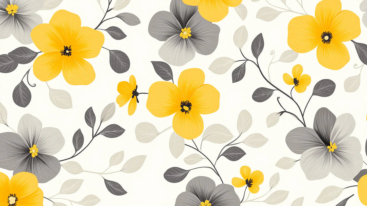 Yellow and Gray Floral - Modern Patterned Wallpaper for Bedroom Mural Wallpaper - room preview 02
