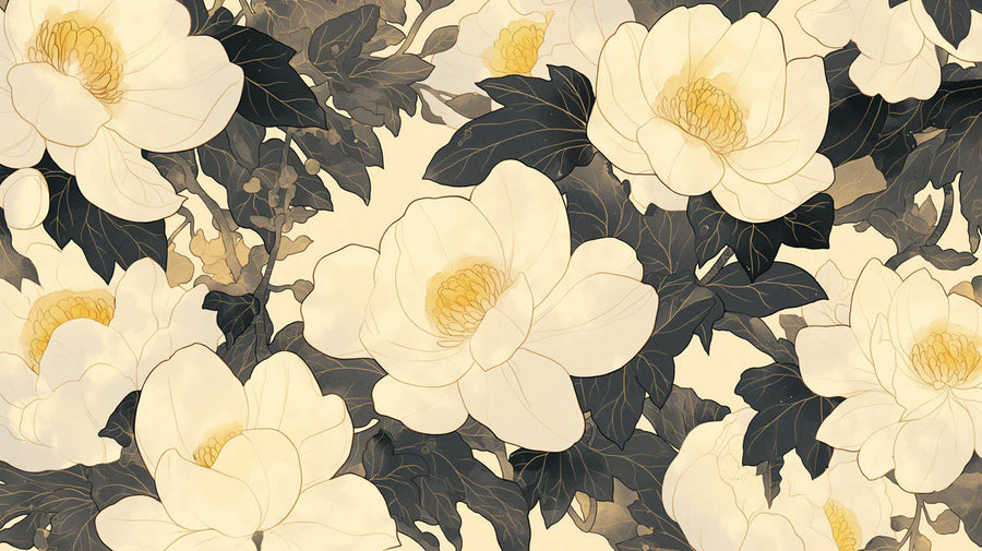 Floral Wallpaper Mural – Flower Wallpaper – Cream and Charcoal Floral — Artistic Botanical printable artwork
