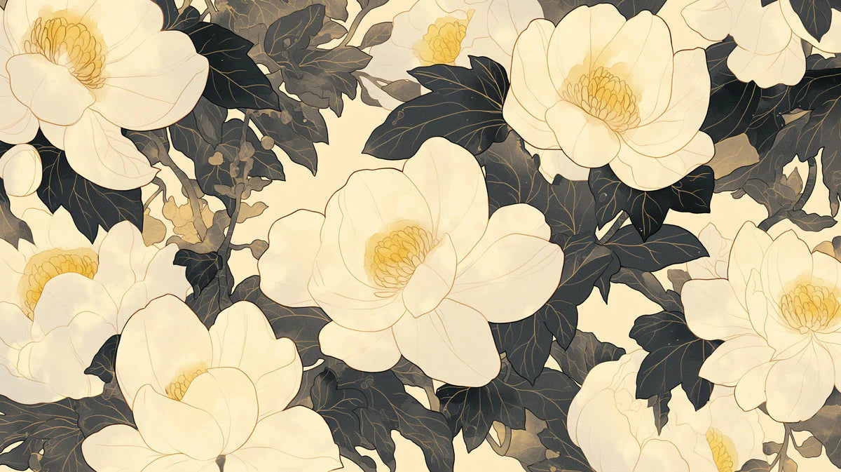 Cream and Charcoal Floral Mural Wallpaper — Artistic Botanical Mural Wallpaper - room preview 02