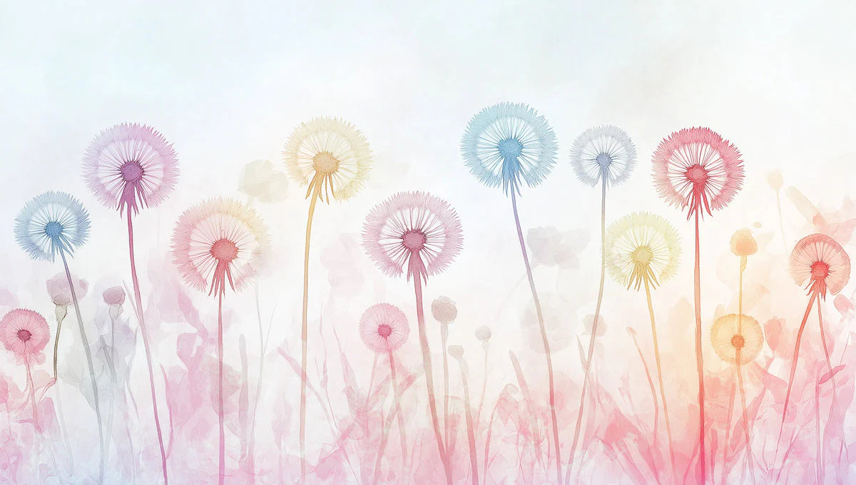 Whimsical Dandelion Field Mural Wallpaper — Watercolor Floral Mural Wallpaper - room preview 02