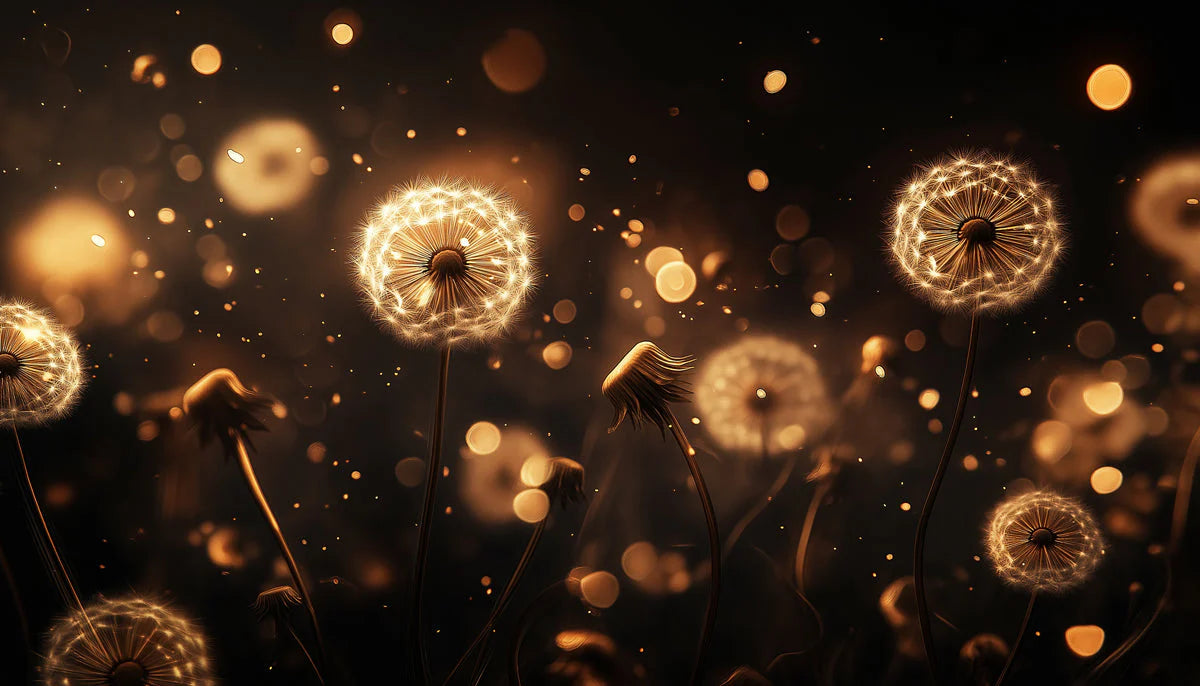Golden Dandelion Seed Heads Mural Wallpaper — Glowing Botanical Mural Wallpaper - room preview 02