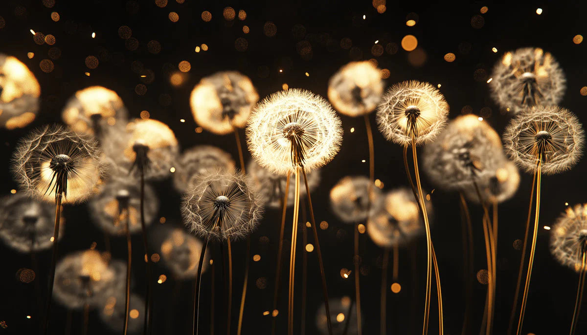 Luminous Dandelion Seed Mural Wallpaper — Glowing Botanical Art Mural Wallpaper - room preview 02