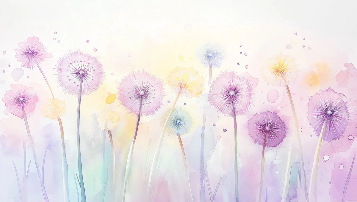 Floating Dandelion Floral Mural Wallpaper — Soft Watercolor Art Mural Wallpaper - room preview 02