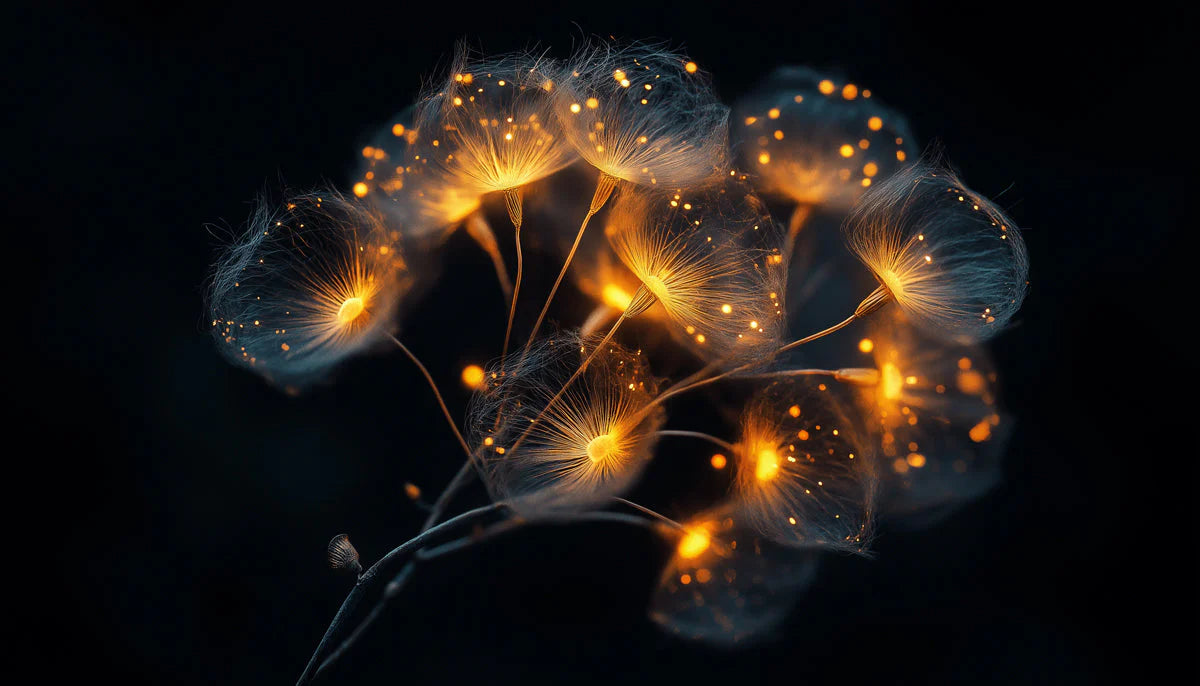 Luminous Dandelion Seed Mural Wallpaper — Dark Floral Design Mural Wallpaper - room preview 02