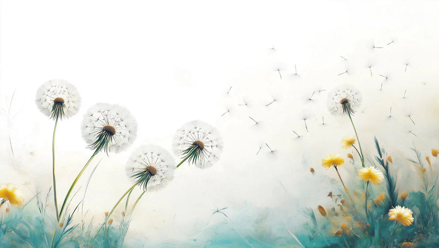 Dandelion Wallpaper Mural – Spring Flower Wall Mural – Floating Dandelion Seed — Whimsical Nature Scene printable artwork