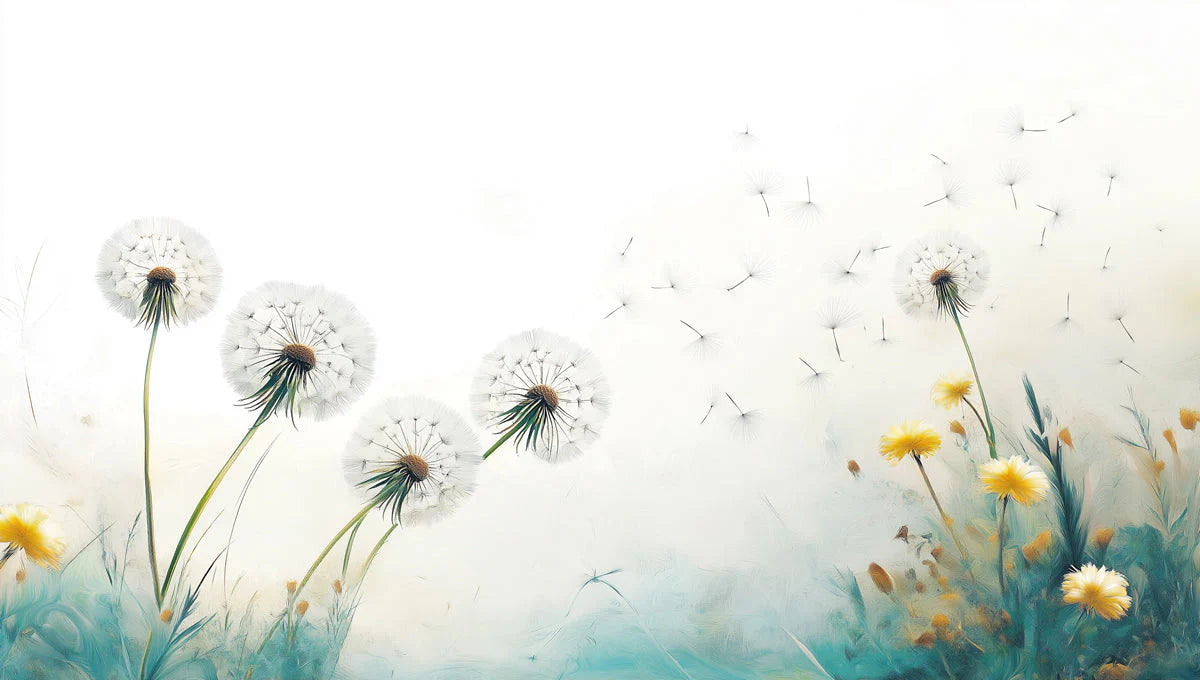 Floating Dandelion Seed Mural Wallpaper — Whimsical Nature Scene Mural Wallpaper - room preview 02