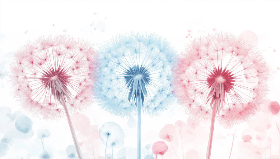 Dandelion Wallpaper Mural – Spring Flower Wall Mural – Watercolor Dandelion Trio —Soft Pastel Art printable artwork