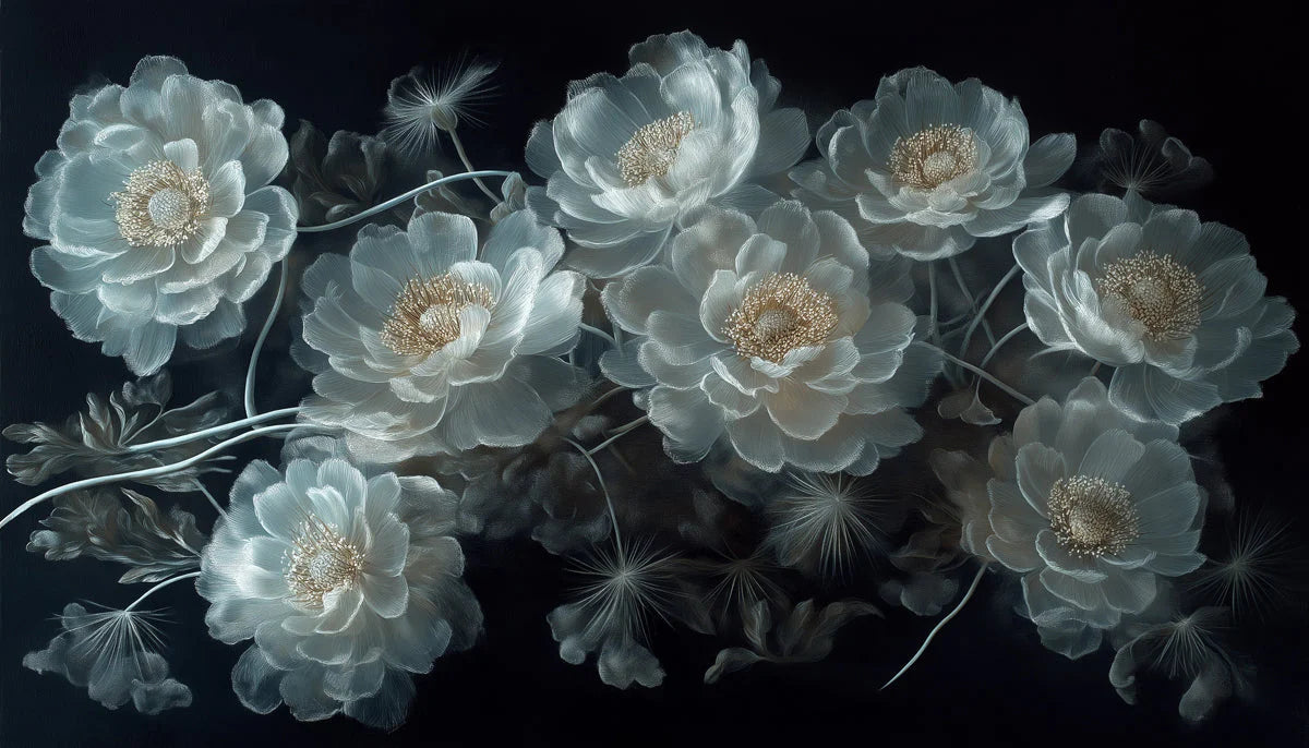 Ethereal White Peonies Mural Wallpaper — Dark Botanical Design Mural Wallpaper - room preview 02