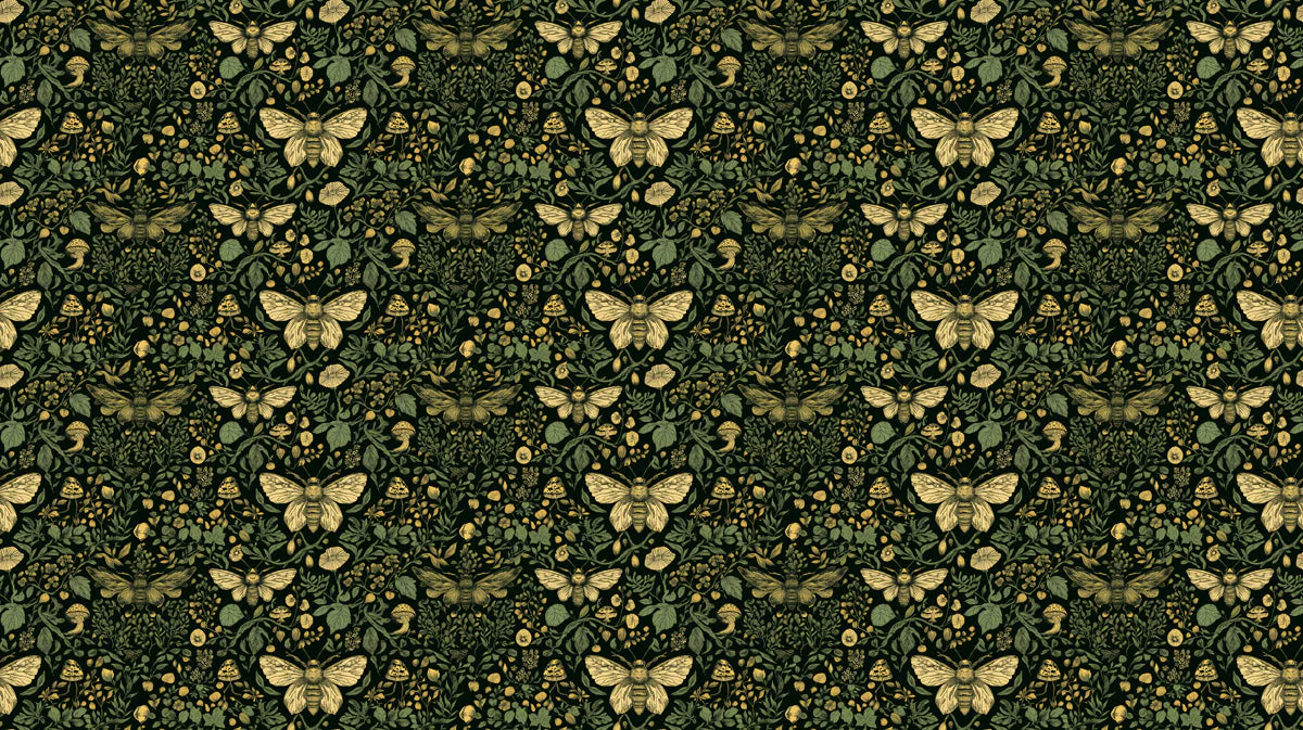 Vintage Botanical Bee Mural Wallpaper in Dark Green and Ochre Mural Wallpaper - room preview 02