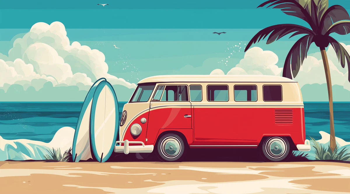 Vintage Surf Van Mural Wallpaper — Coastal Nostalgia Design Mural Wallpaper - room preview 02