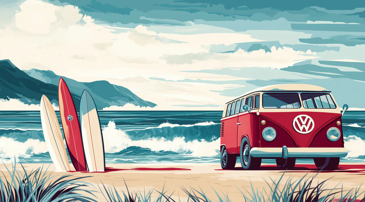 Vintage Surf Van and Coastal Wave Mural Wallpaper - room preview 02