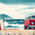 Vintage Surf Van and Coastal Wave Mural Wallpaper - room preview 02