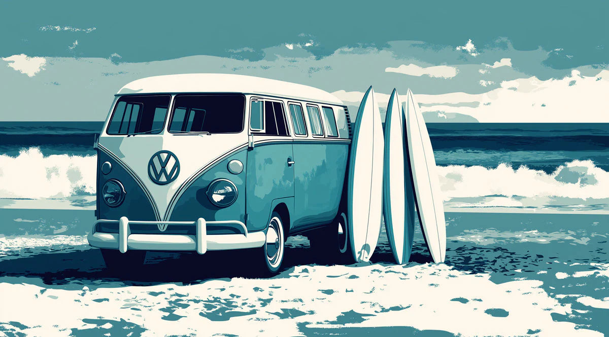 Vintage Surf Van Mural Wallpaper —Coastal Blue Illustration Mural Wallpaper - room preview 02