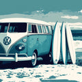 Vintage Surf Van Mural Wallpaper —Coastal Blue Illustration Mural Wallpaper - room preview 02