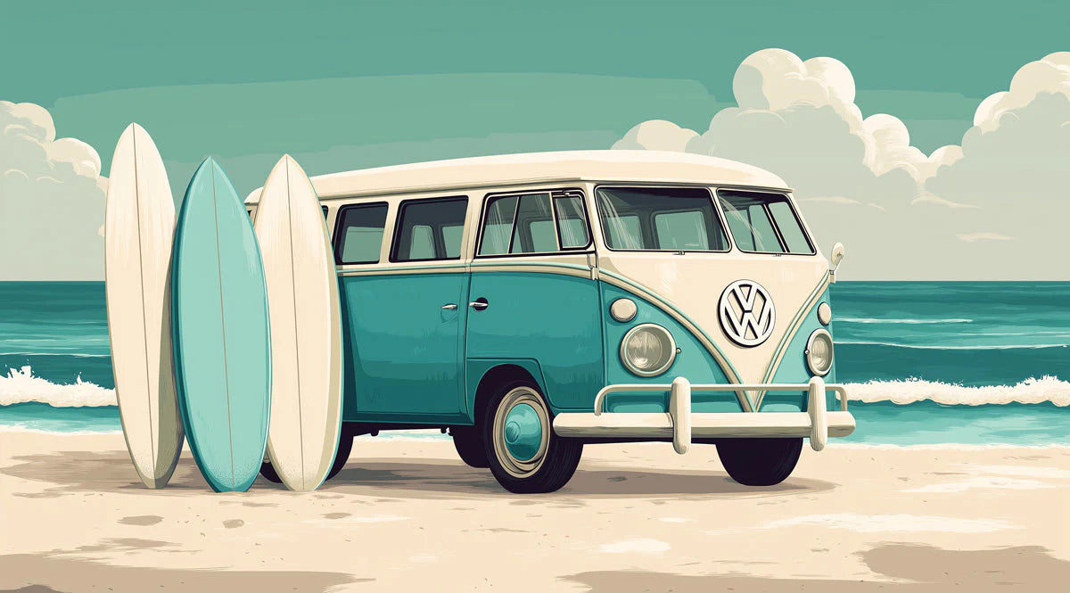 Vintage Surf Bus Mural Wallpaper — Coastal Teal and Cream Mural Wallpaper - room preview 02