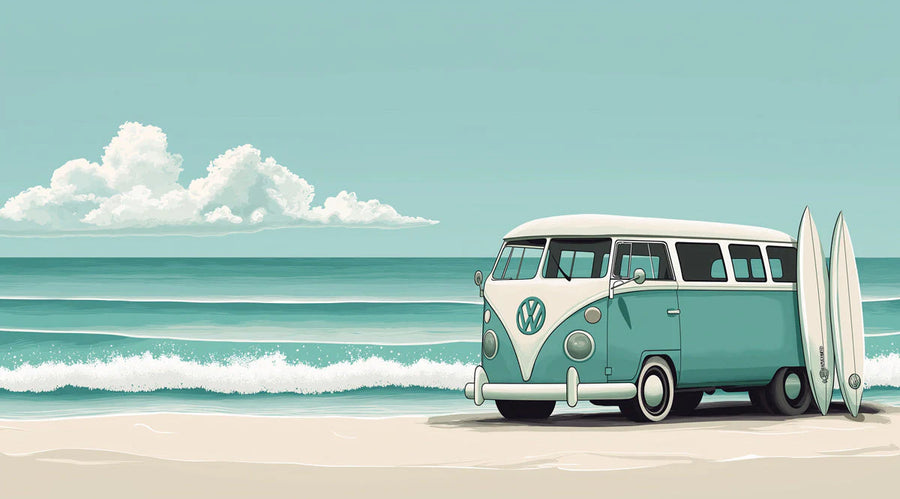 Coastal Wallpaper Mural – Seaside Wall Mural – Vintage Surf Van — Coastal Beach Scene printable artwork