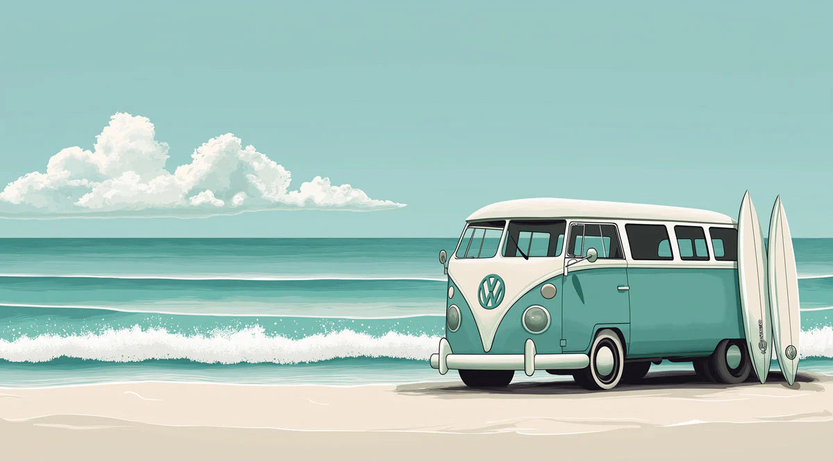 Vintage Surf Van Mural Wallpaper — Coastal Beach Scene Mural Wallpaper - room preview 02