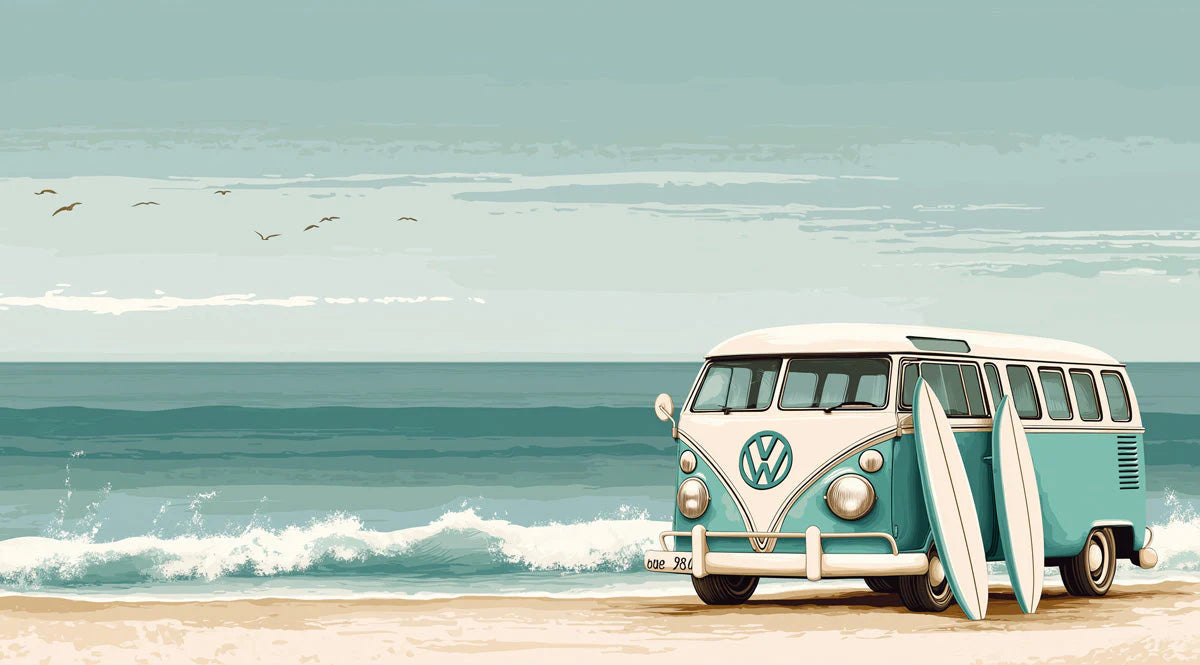 Vintage Surf Van Coastal Mural Wallpaper —Retro Beach Scene Mural Wallpaper - room preview 02