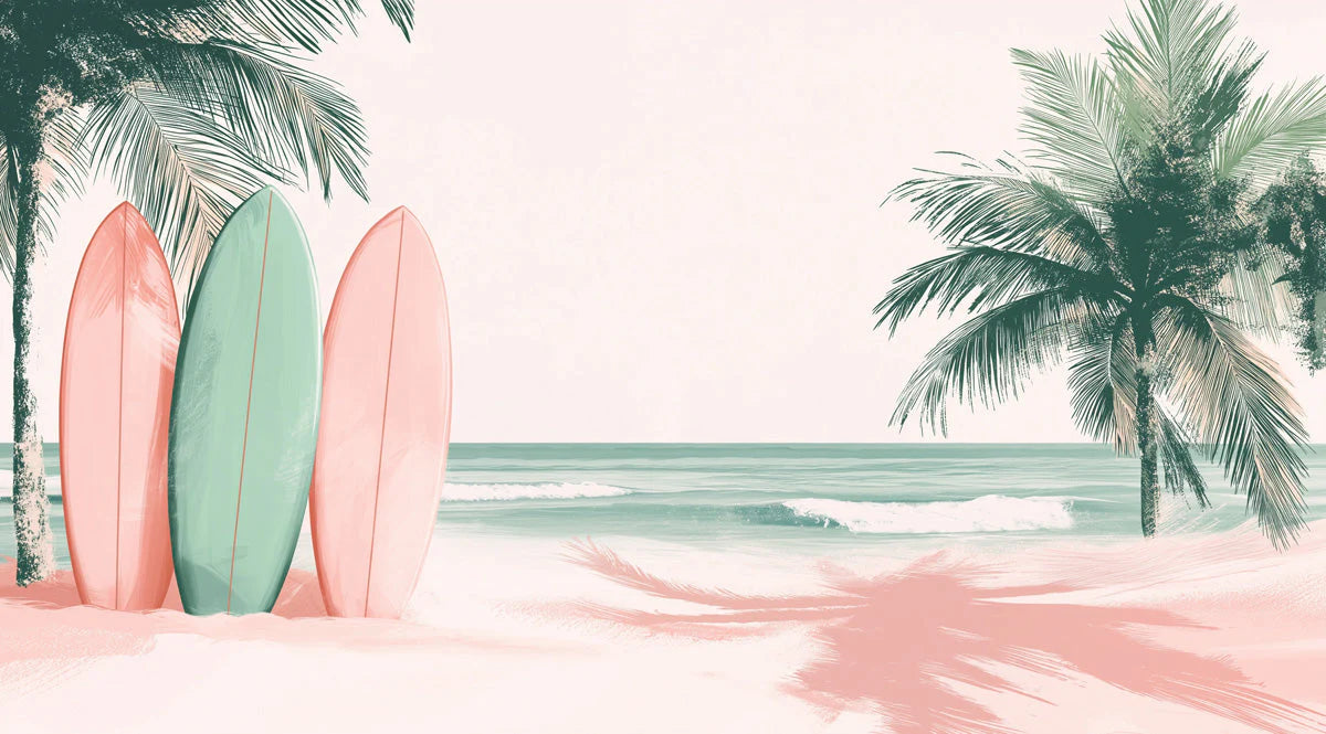 Coastal Surfboard Mural Wallpaper — Soft Pink and Palm Green Mural Wallpaper - room preview 02