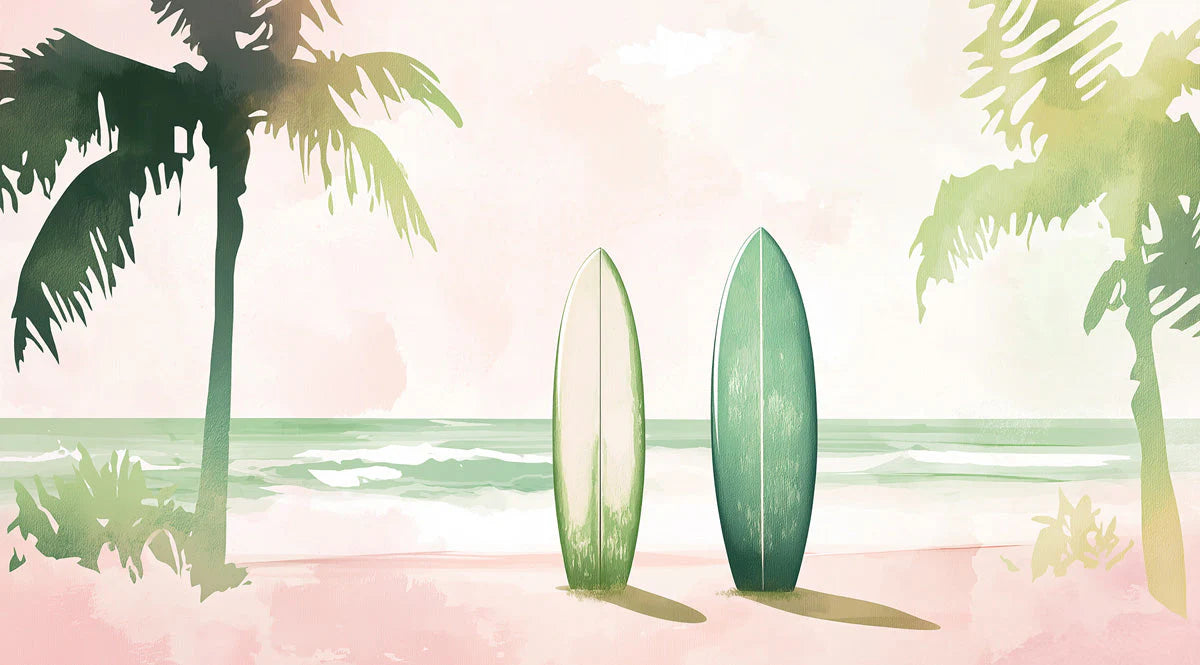 Coastal Surfboard Mural Wallpaper — Soft Pastel Beach Scene Mural Wallpaper - room preview 02