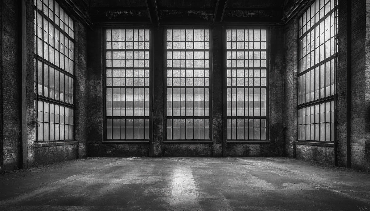 Industrial Factory Window Mural Wallpaper — Monochrome Perspective Mural Wallpaper - room preview 02